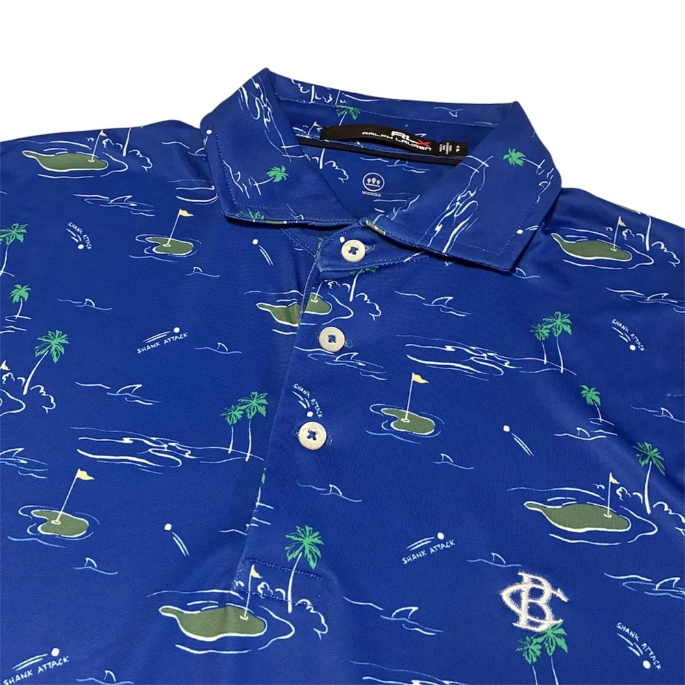 RLX Ralph Lauren Mens Blue Golf Polo Shank Attack Tropical Print Small
